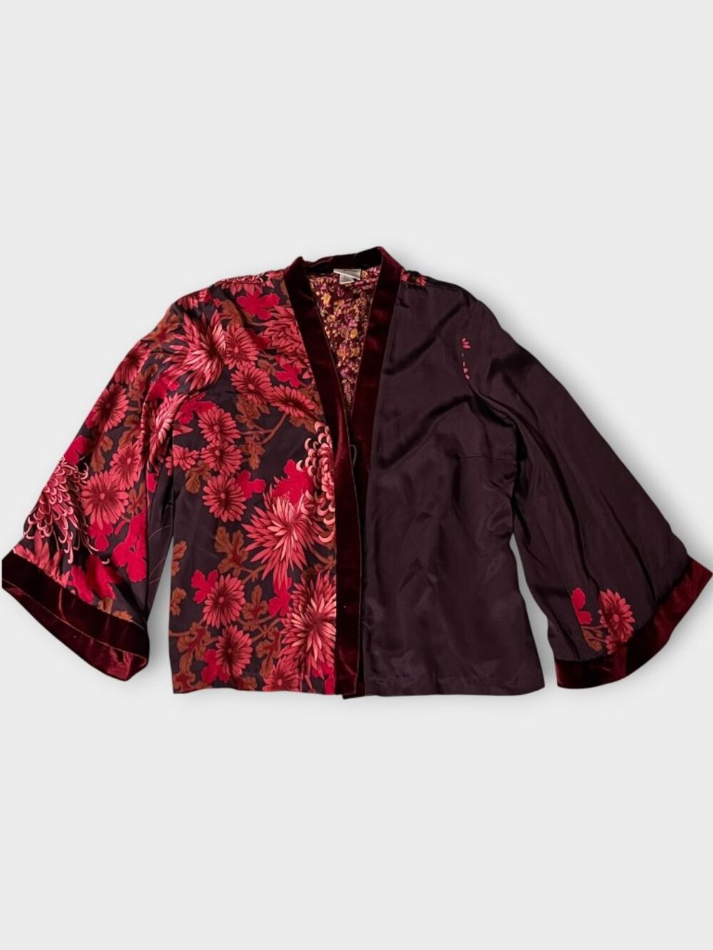 Tracy Reese 100% Silk Kimono Jacket Velvet Trim Floral- Size: L